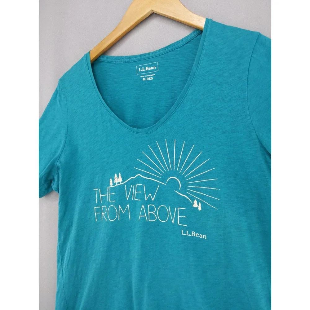 L.L. Bean Graphic Tee Women Medium Blue The View From Above V-Neck Slub Shirt